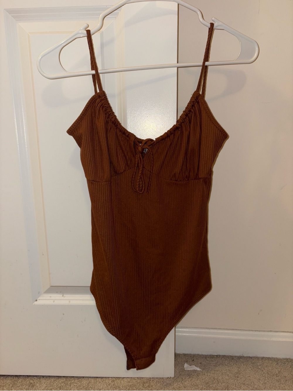 Brown Ribbed Spaghetti Strap Bodysuit